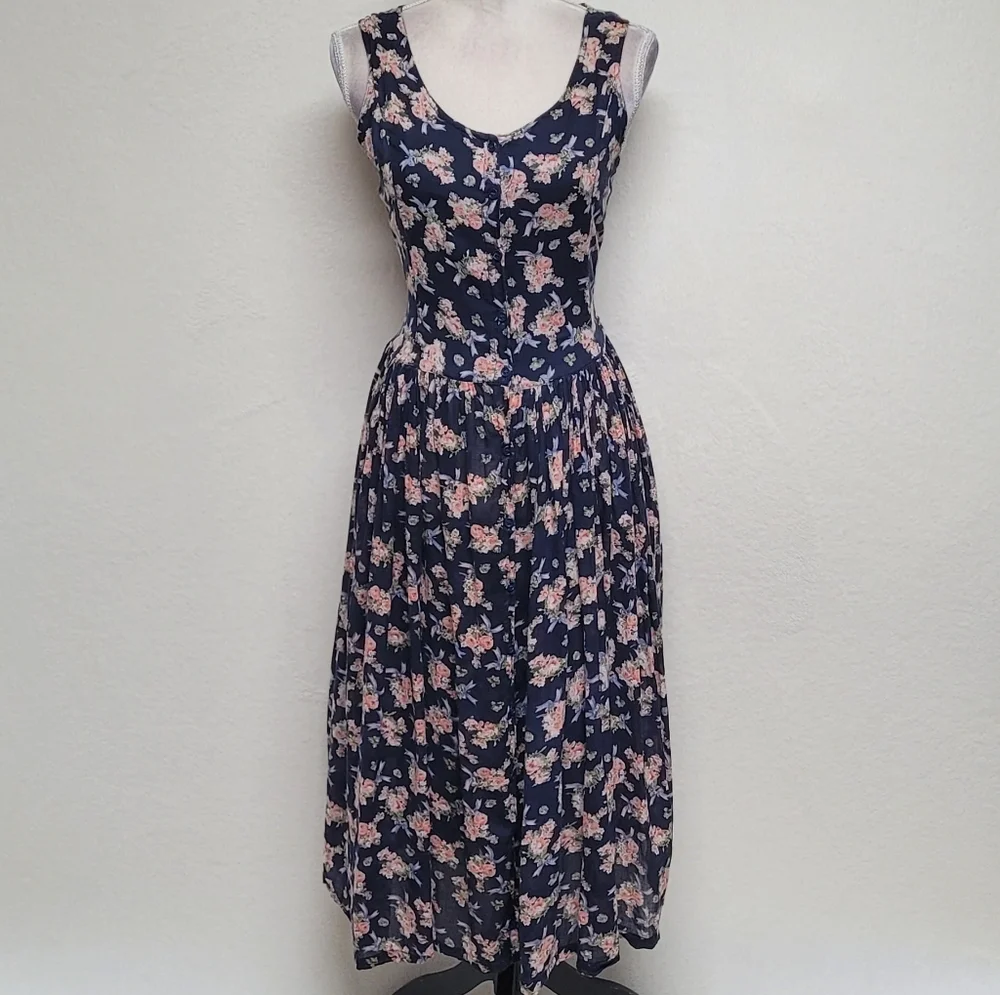 1970s Vintage Sita Blue Pink Floral Scoop Neck Tie-Waist Fit & Flare Midi Dress - Picture 2 of 12